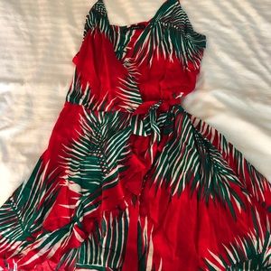 Red Palm Leaf Wrap Midi Dress